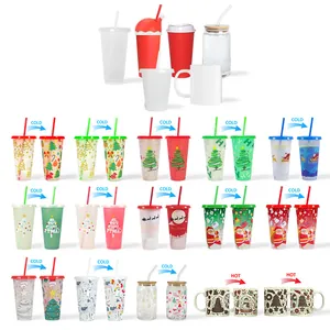 Detail showing Christmas color changing plastic cups with straws and bamboo lids