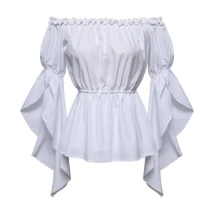 Detail of off-shoulder neckline with ruffle trim and layered flare sleeves on white top