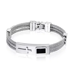 Men's stainless steel cable bracelet with cross pattern and black carbon inlay