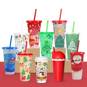 Detail view of 10 Christmas color-changing plastic cups with festive holiday patterns