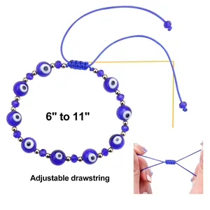 Adjustable blue evil eye beaded bracelet with woven rope for women and men