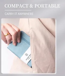 Blue pocket book notebook with elastic band shown fitting into a clothing pocket