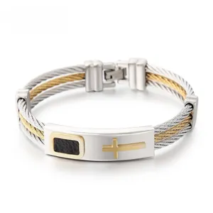 Detail of stainless steel men's cable bracelet showing the fold-over clasp and logo
