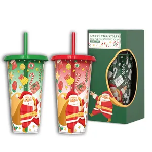 710ml Christmas color changing plastic cups with straws and Santa holiday gift box