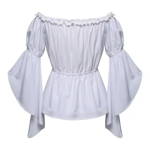 Detail of off-the-shoulder white top featuring ruffle neckline and flare sleeves