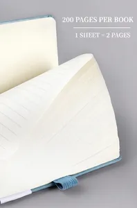 Close-up of a light blue A5 A6 notebook with 200 lined pages and high-quality paper