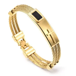 Men's gold-plated stainless steel cable bracelet with 3D cross and black inlay
