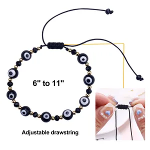 Detail showing the adjustable drawstring of the evil eye braided rope bracelet