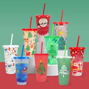 Christmas theme color changing cold cups set with straws and festive patterns