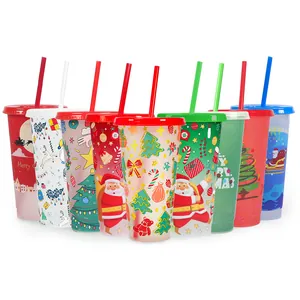 Christmas themed PP plastic cold color changing cup set with straws and lids