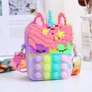 Unicorn silicone fidget toy bag with macaron rainbow colors and printed shoulder strap