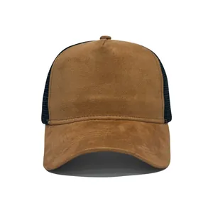 Brown faux suede and black mesh baseball cap with breathable truck style design