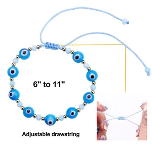 Detail view of adjustable drawstring closure for Evil Eye beaded bracelet
