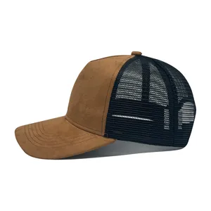 Brown faux suede and black mesh breathable trucker baseball cap with curved brim