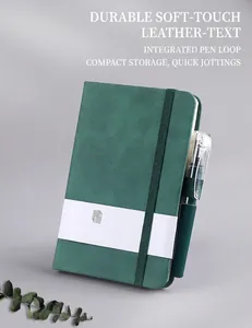 Macro shot of A6 dark green notebook with elastic strap and pen loop detail