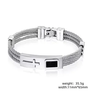 Men's stainless steel cable bracelet with cross pattern and black stone inlay