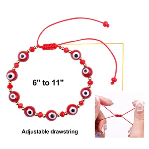 Adjustable red Evil Eye beaded bracelet with handmade woven drawstring for customized fit