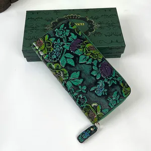 Macro view of vintage floral embossed leather wallet with a matching gift box