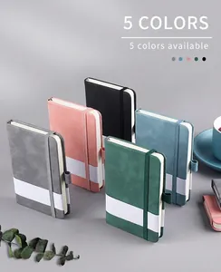Five assorted colors of A6 faux leather pocket notebooks with matching elastic straps