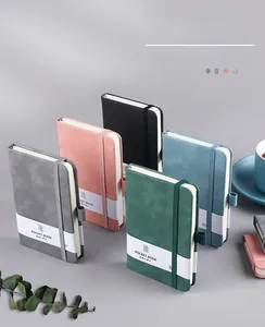 Five assorted colors of A6 faux leather pocket notebooks with matching elastic straps