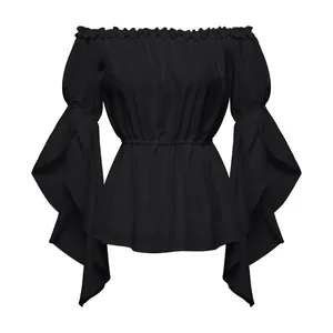 Detail of off-shoulder black blouse with ruffled neckline and wide flared sleeves