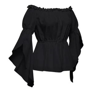 Detail of black off-shoulder top with ruffled neckline and tiered flare sleeves