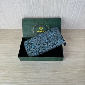 Retro paisley embossed long wallet for women in blue with elegant gift packaging