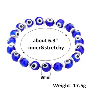 Detail of 8mm Evil Eye beaded bracelet with 6.3 inch elastic cord and metal spacers