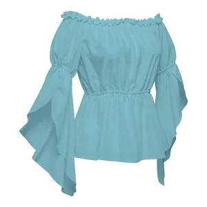 Detail of light blue off-shoulder top with ruffle neckline and flared split sleeves