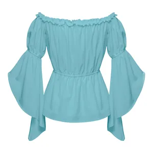 Women's light blue off-shoulder ruffle top with flare sleeves and elastic waist design