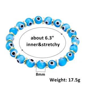 Detailed view of 8mm blue evil eye beaded bracelet with size and weight dimensions