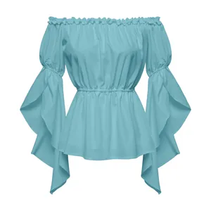 Light blue off-the-shoulder top with ruffle flare sleeves and smocked waist design