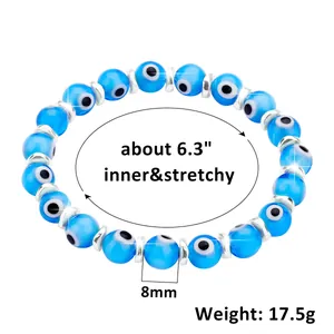 Blue Evil Eye beaded bracelet with 8mm beads and elastic stretch cord showing dimensions