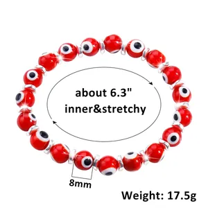Handmade 8mm red evil eye beaded stretchy bracelet with silver spacers for women