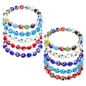 Handmade Evil Eye beaded bracelet set with gold and silver accents in vibrant colors