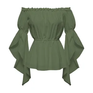 Detail of dark green off-shoulder top with ruffled neckline and smocked waist design