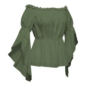 Detailed view of the dark green off-shoulder top with ruffled hem and flared sleeves