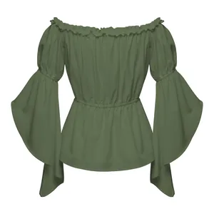 Detail of off-shoulder green top featuring elastic waist and layered bell sleeves