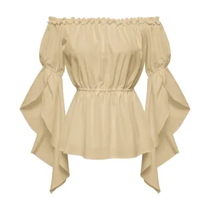 Detail of off-the-shoulder neckline and ruffled hem on this beige summer blouse