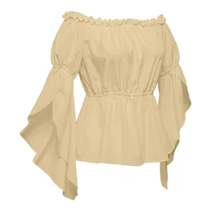 Close-up of ruffled off-shoulder neckline and elastic waist on yellow summer top
