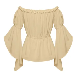 Detail of off-shoulder cream top featuring ruffled neckline and layered bell sleeves
