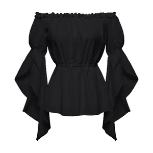 Elegant black off-shoulder blouse with tiered ruffle sleeves and elastic waist