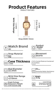 Spécifications de la montre carrée or rose avec bracelet en maille et taille du cadran