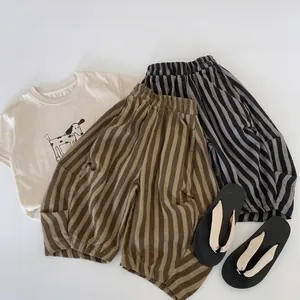 Flat lay of kids cotton T-shirt with dog print and striped casual shorts set