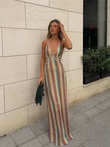 Vestito Maxi Uncinetto Maglia Neck Halter Scollo A V Schiena Scoperta Slim Fit Stampa Onde Multicolore Boho Estate Spiaggia Vacanze Donna