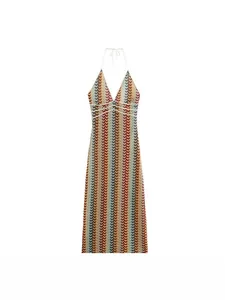 Abito lungo in maglia a trapezio con motivo chevron colorato e scollatura a V profonda