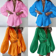 Detailed grid view of long lantern sleeve shirts and high waist shorts in four colors
