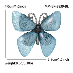 Blaue Schmetterling-Brosche mit Acrylflügeln und schwarzem Stein inklusive Maßen