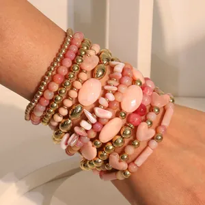 Bracciale Di Perline Moda Resina Marmo Rosa Ciondolo Cuore Stile Boho Impilabile Gioielli Da Mano Elastici Regalo Donna