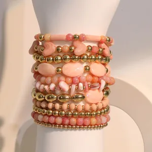 Set da 11 pezzi di bracciali fatti a mano in pietre rosa con cuore per donna